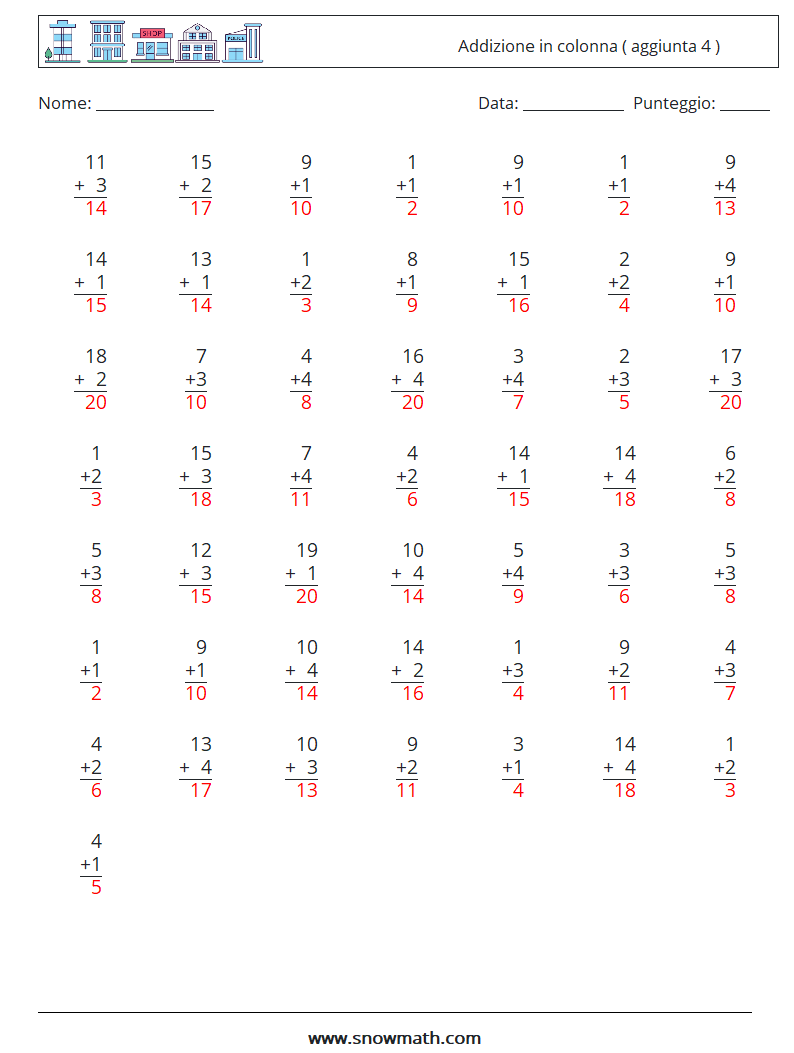 (50) Addizione in colonna ( aggiunta 4 ) Fogli di lavoro di matematica 14 Domanda, Risposta
