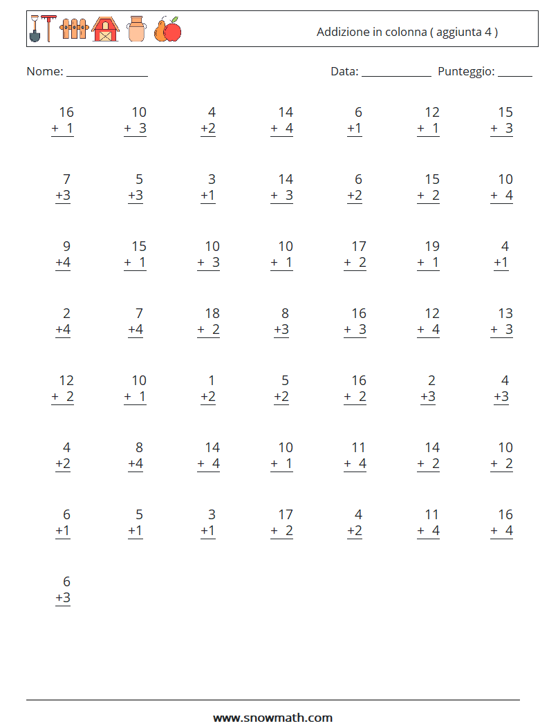 (50) Addizione in colonna ( aggiunta 4 ) Fogli di lavoro di matematica 15