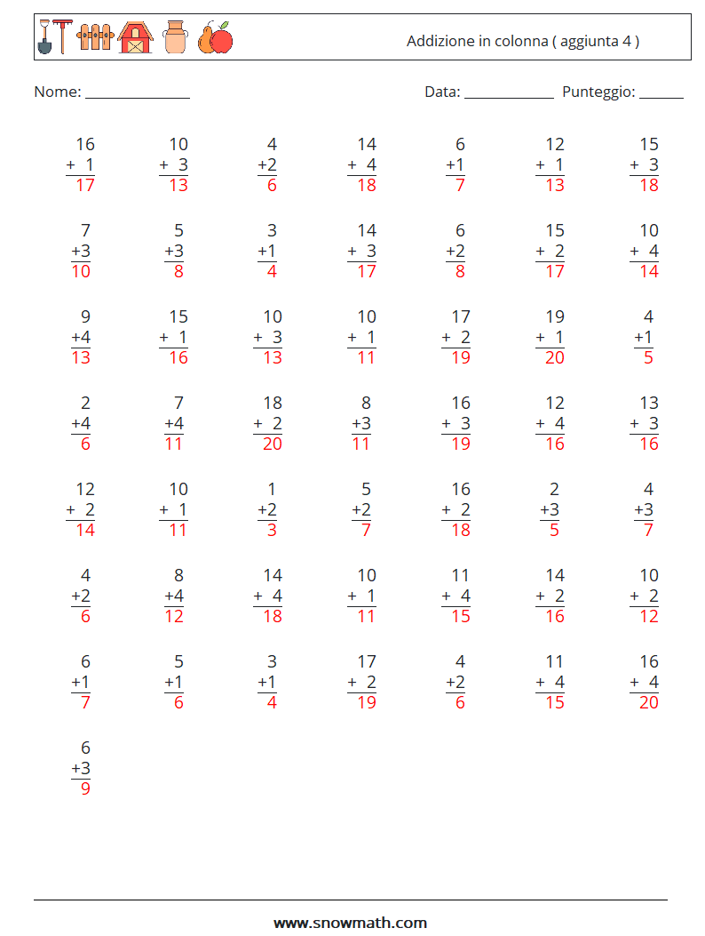 (50) Addizione in colonna ( aggiunta 4 ) Fogli di lavoro di matematica 15 Domanda, Risposta