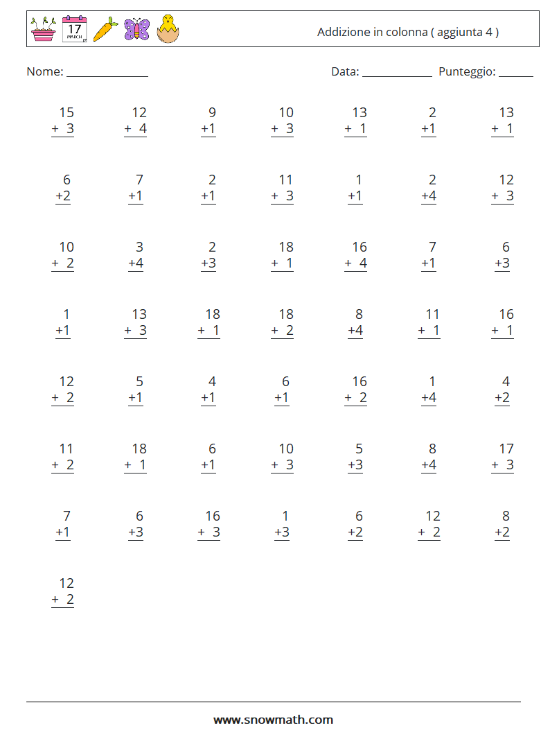 (50) Addizione in colonna ( aggiunta 4 ) Fogli di lavoro di matematica 16