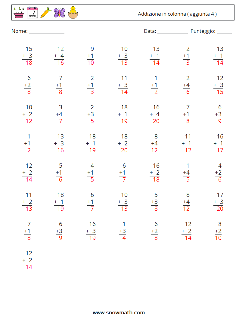 (50) Addizione in colonna ( aggiunta 4 ) Fogli di lavoro di matematica 16 Domanda, Risposta