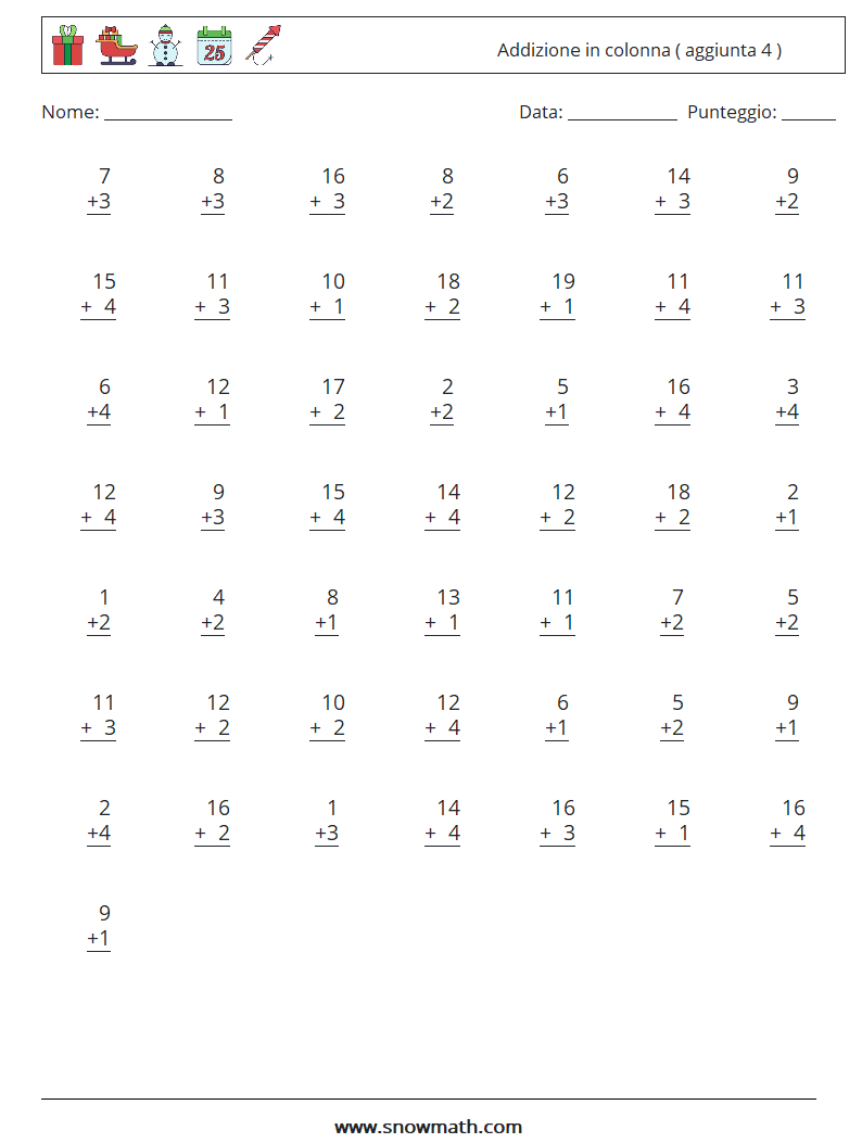 (50) Addizione in colonna ( aggiunta 4 ) Fogli di lavoro di matematica 17