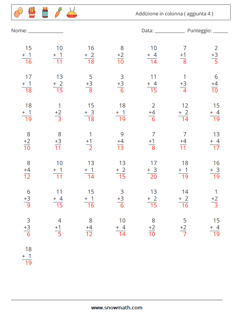 (50) Addizione in colonna ( aggiunta 4 ) Fogli di lavoro di matematica 1 Domanda, Risposta
