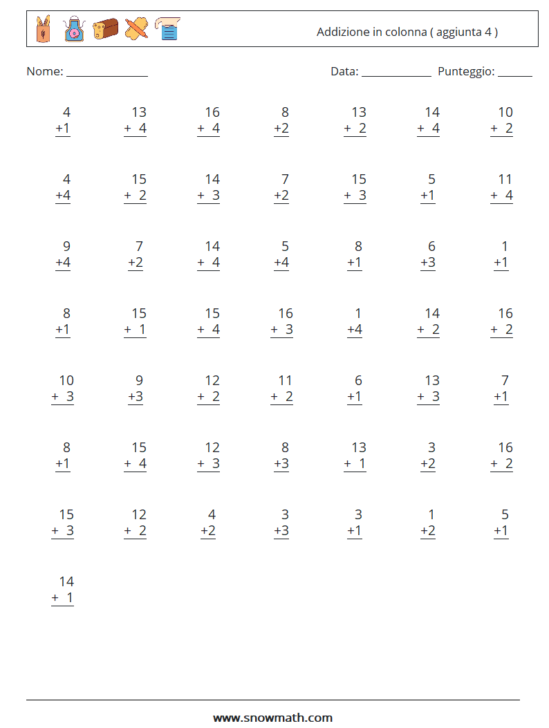(50) Addizione in colonna ( aggiunta 4 ) Fogli di lavoro di matematica 2