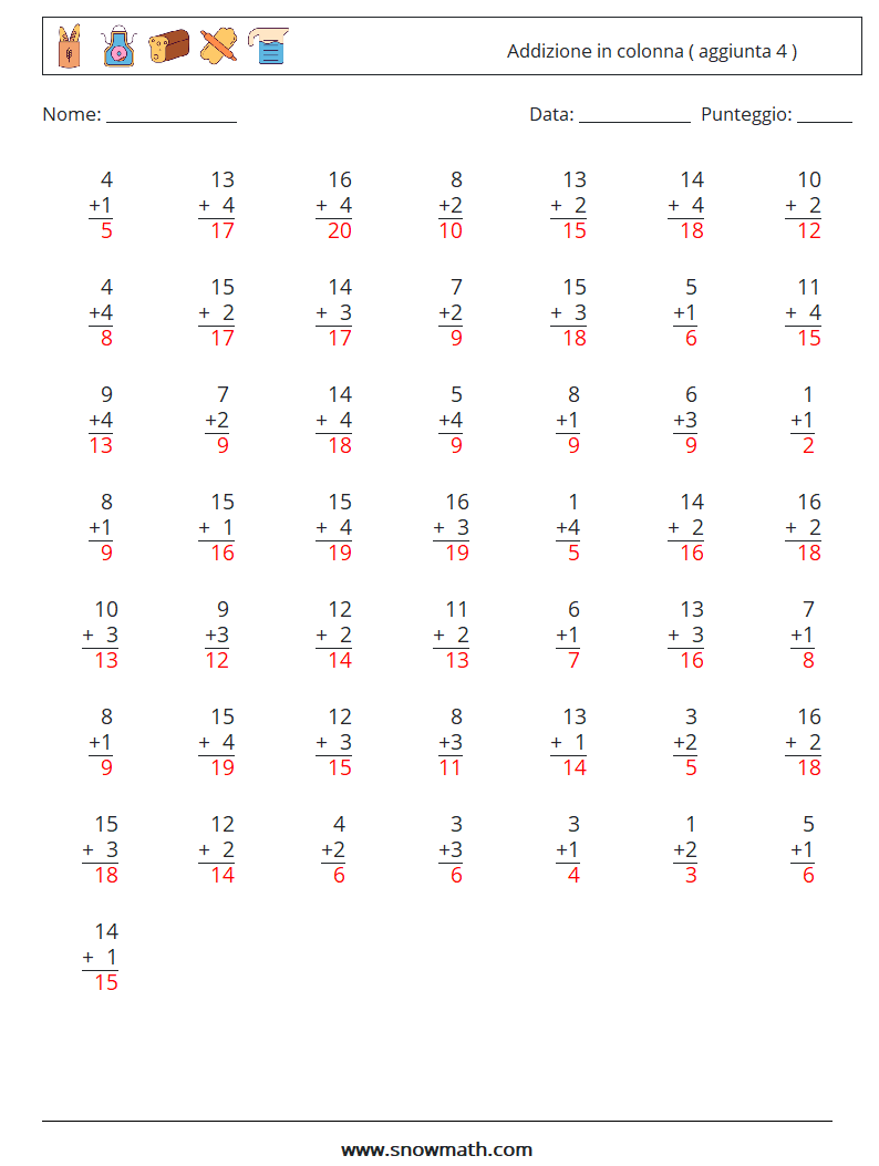 (50) Addizione in colonna ( aggiunta 4 ) Fogli di lavoro di matematica 2 Domanda, Risposta