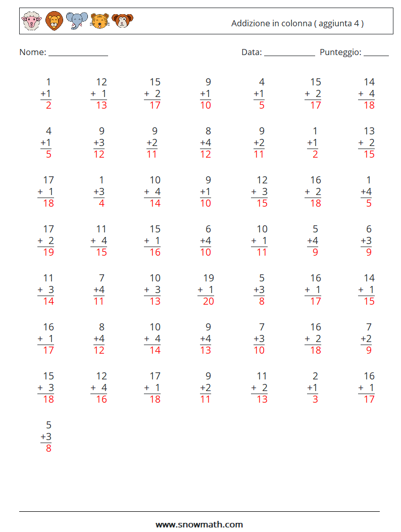 (50) Addizione in colonna ( aggiunta 4 ) Fogli di lavoro di matematica 3 Domanda, Risposta