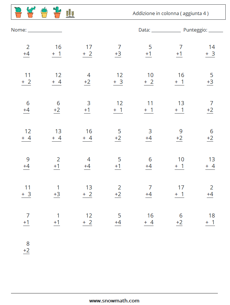 (50) Addizione in colonna ( aggiunta 4 ) Fogli di lavoro di matematica 4