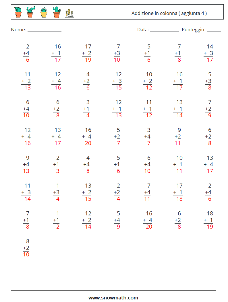 (50) Addizione in colonna ( aggiunta 4 ) Fogli di lavoro di matematica 4 Domanda, Risposta