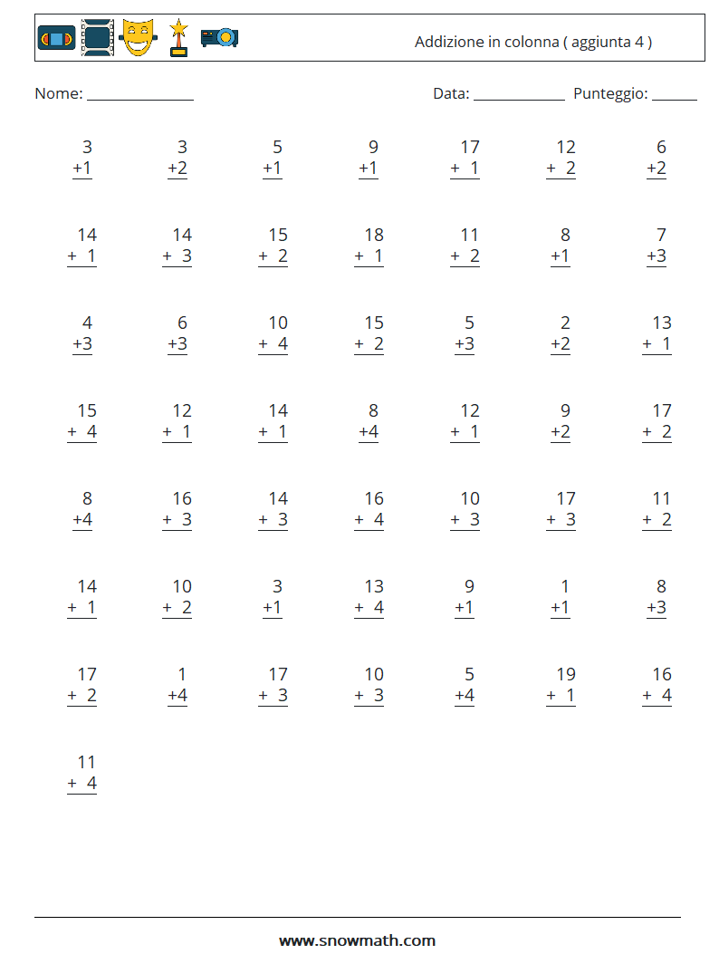 (50) Addizione in colonna ( aggiunta 4 ) Fogli di lavoro di matematica 5