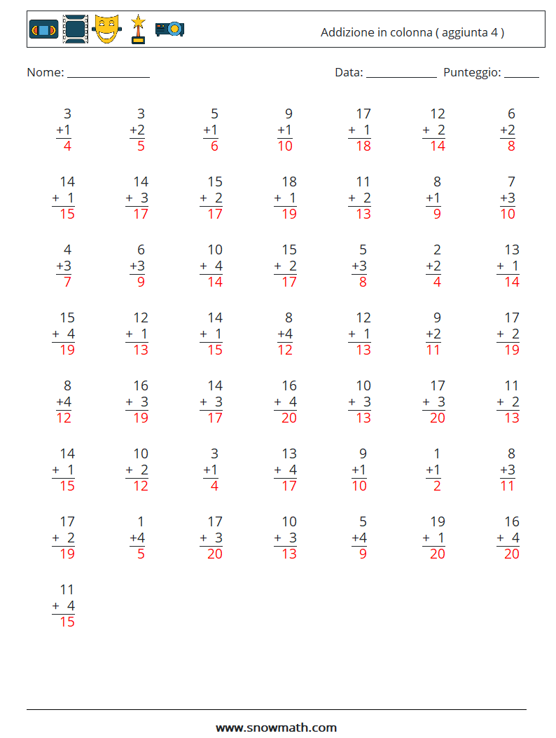 (50) Addizione in colonna ( aggiunta 4 ) Fogli di lavoro di matematica 5 Domanda, Risposta