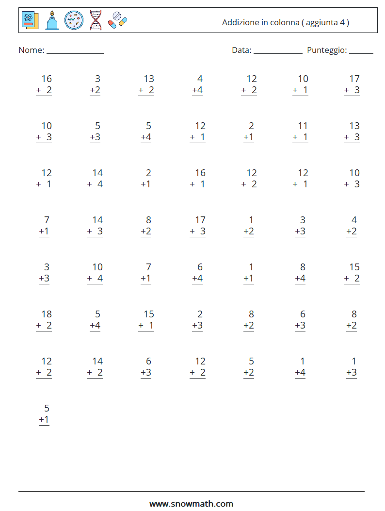 (50) Addizione in colonna ( aggiunta 4 ) Fogli di lavoro di matematica 6