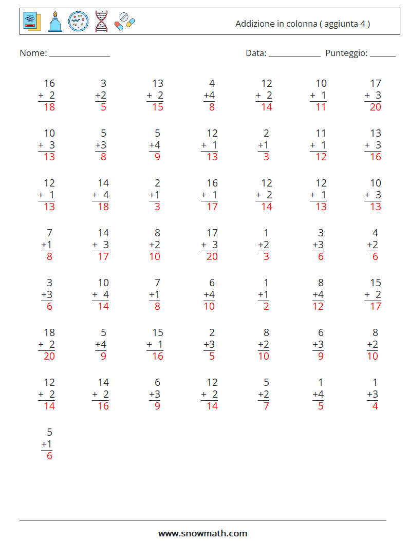 (50) Addizione in colonna ( aggiunta 4 ) Fogli di lavoro di matematica 6 Domanda, Risposta