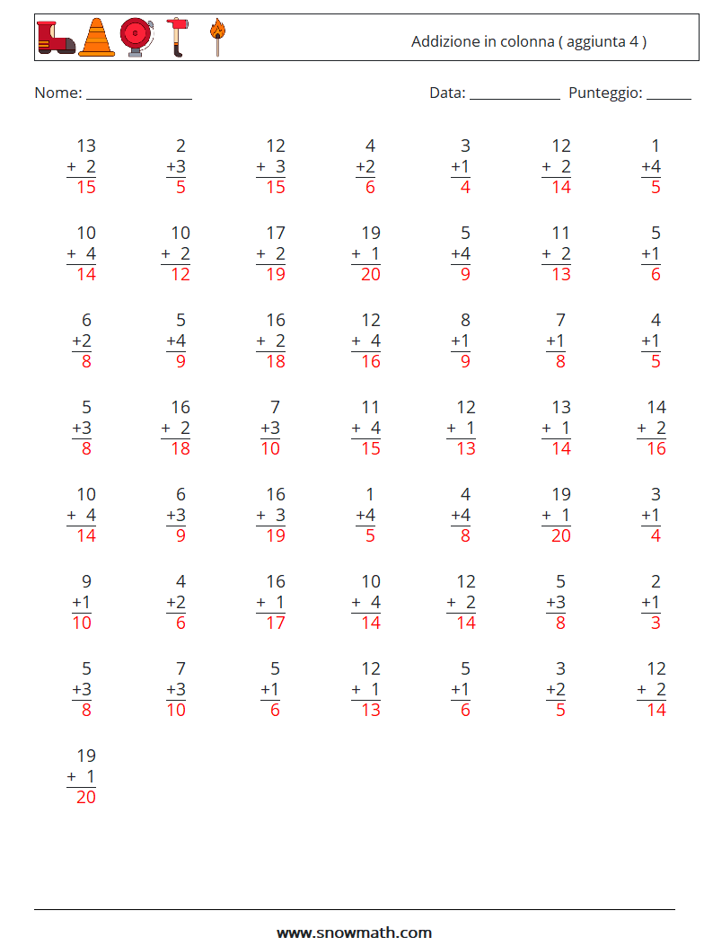 (50) Addizione in colonna ( aggiunta 4 ) Fogli di lavoro di matematica 7 Domanda, Risposta