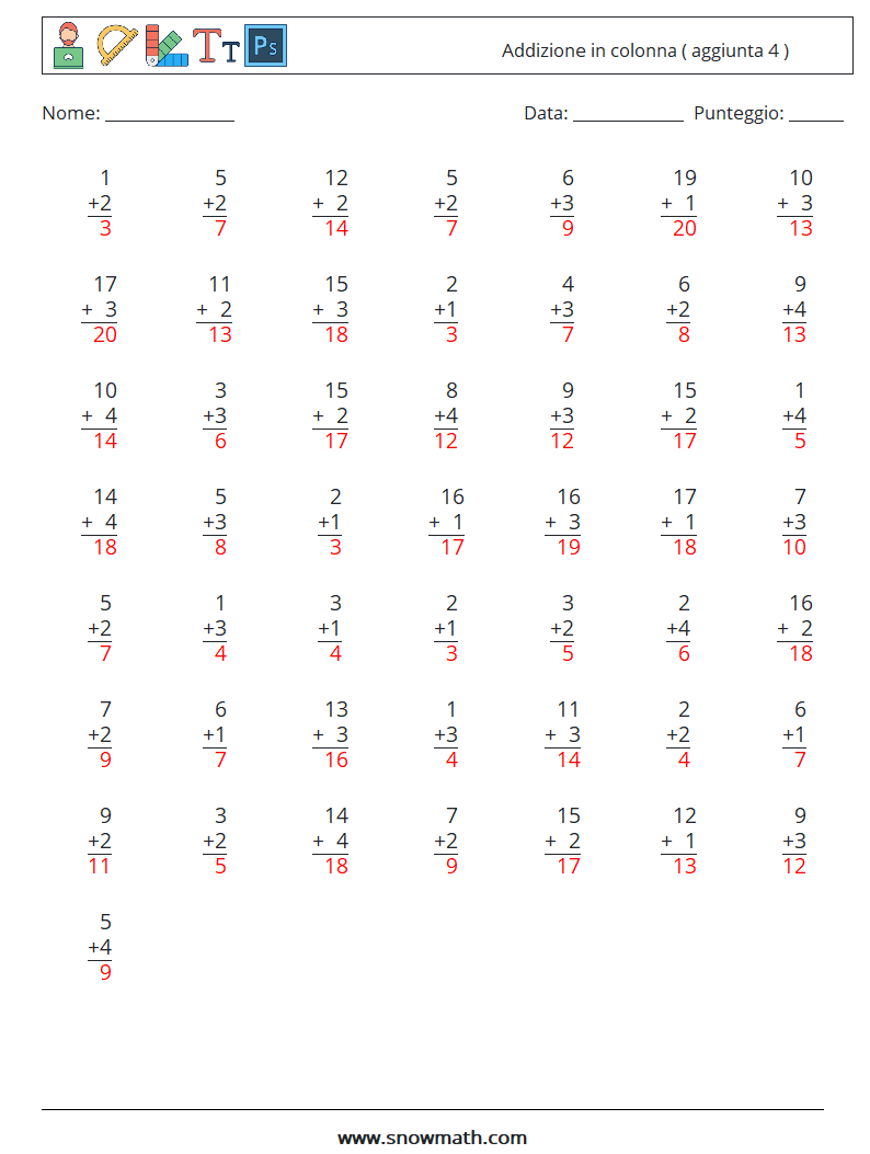 (50) Addizione in colonna ( aggiunta 4 ) Fogli di lavoro di matematica 8 Domanda, Risposta