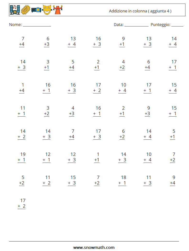 (50) Addizione in colonna ( aggiunta 4 ) Fogli di lavoro di matematica 9