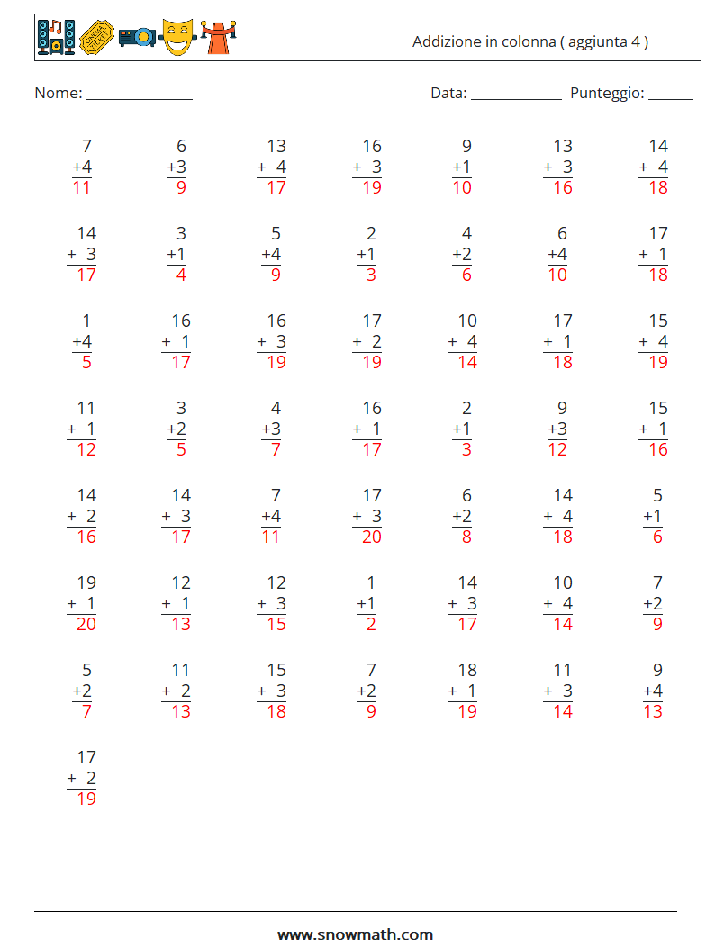 (50) Addizione in colonna ( aggiunta 4 ) Fogli di lavoro di matematica 9 Domanda, Risposta