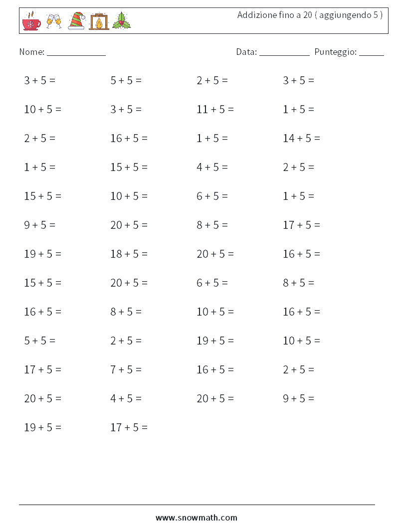 (50) Addizione fino a 20 ( aggiungendo 5 ) Fogli di lavoro di matematica 1