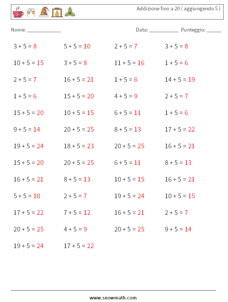 (50) Addizione fino a 20 ( aggiungendo 5 ) Fogli di lavoro di matematica 1 Domanda, Risposta