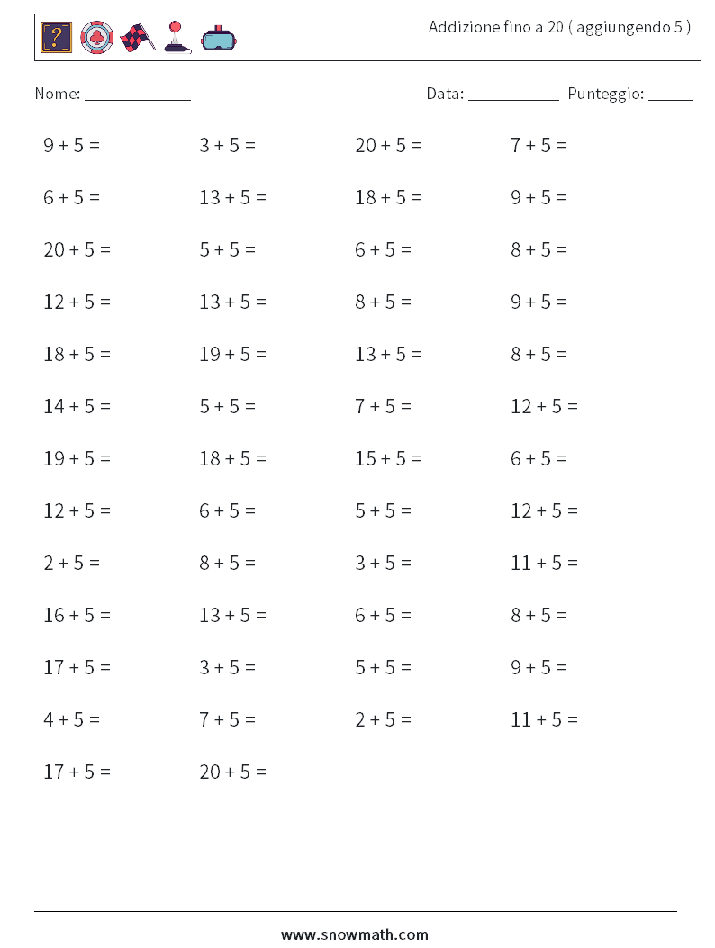 (50) Addizione fino a 20 ( aggiungendo 5 ) Fogli di lavoro di matematica 2