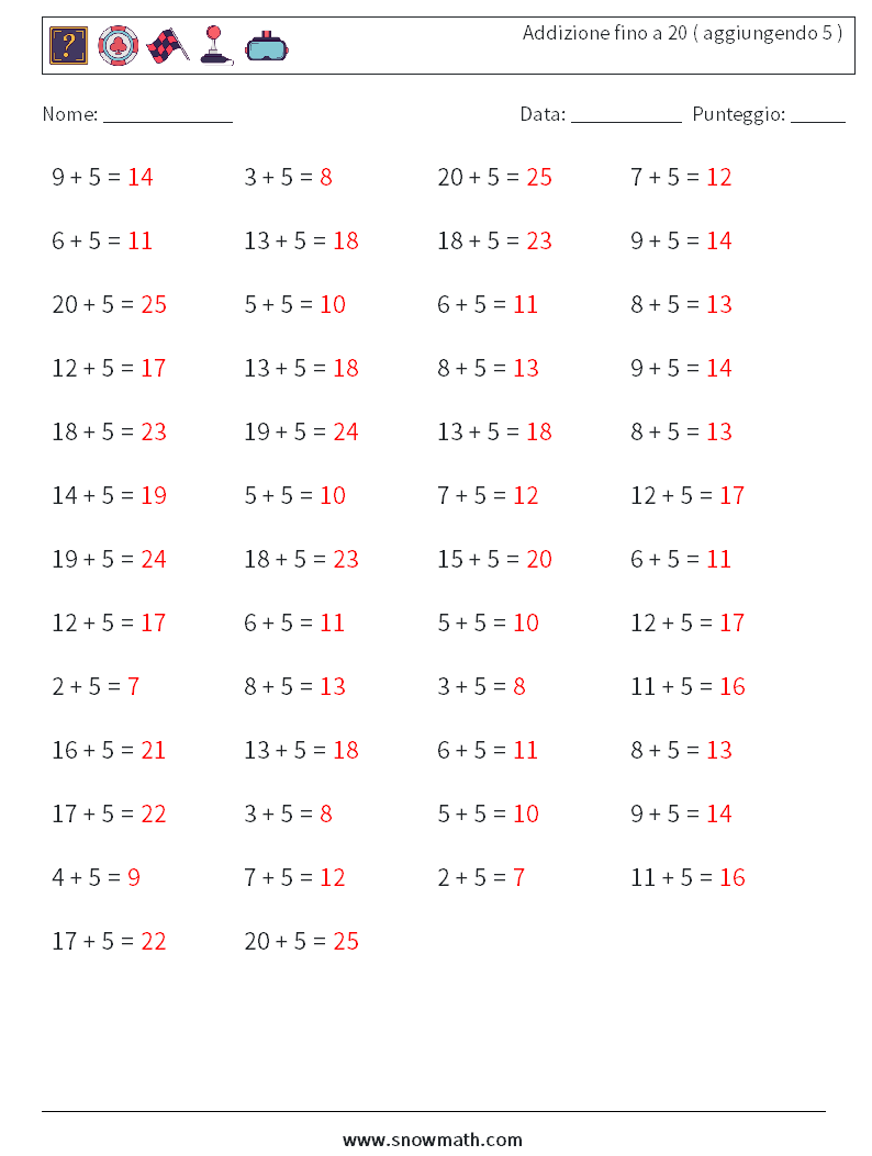 (50) Addizione fino a 20 ( aggiungendo 5 ) Fogli di lavoro di matematica 2 Domanda, Risposta