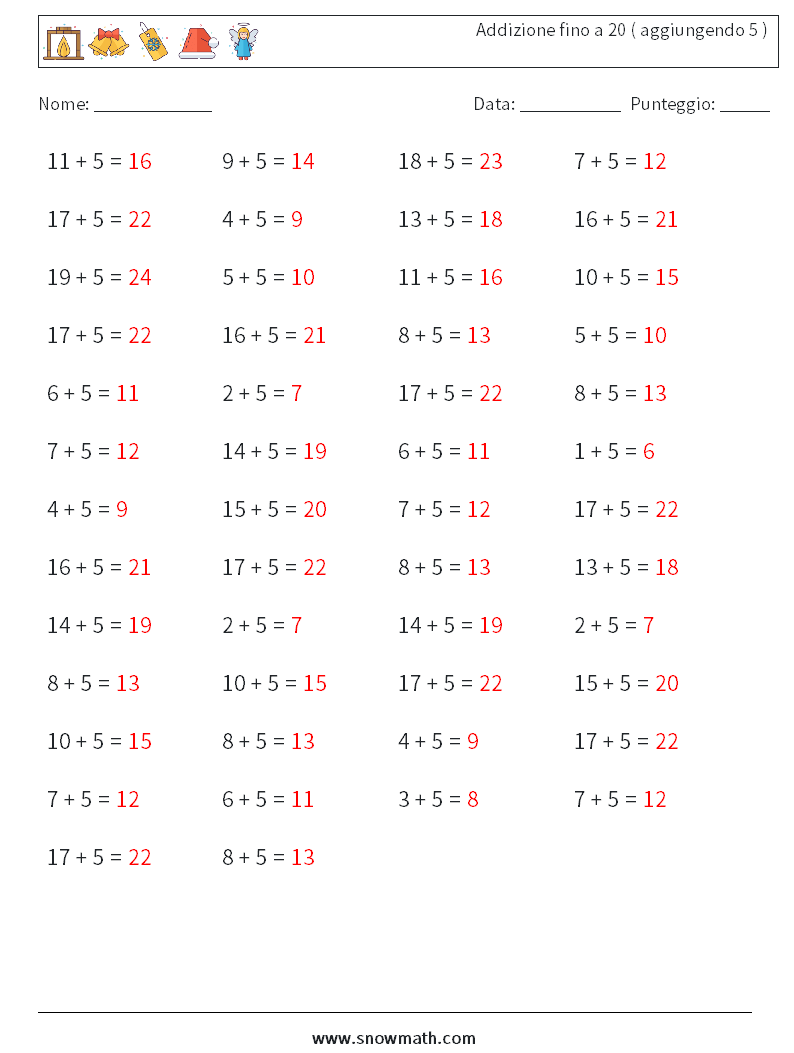 (50) Addizione fino a 20 ( aggiungendo 5 ) Fogli di lavoro di matematica 3 Domanda, Risposta