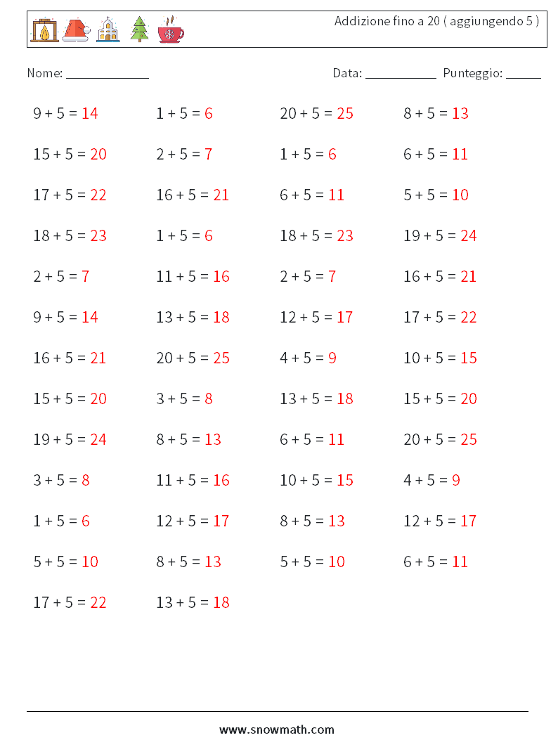 (50) Addizione fino a 20 ( aggiungendo 5 ) Fogli di lavoro di matematica 4 Domanda, Risposta