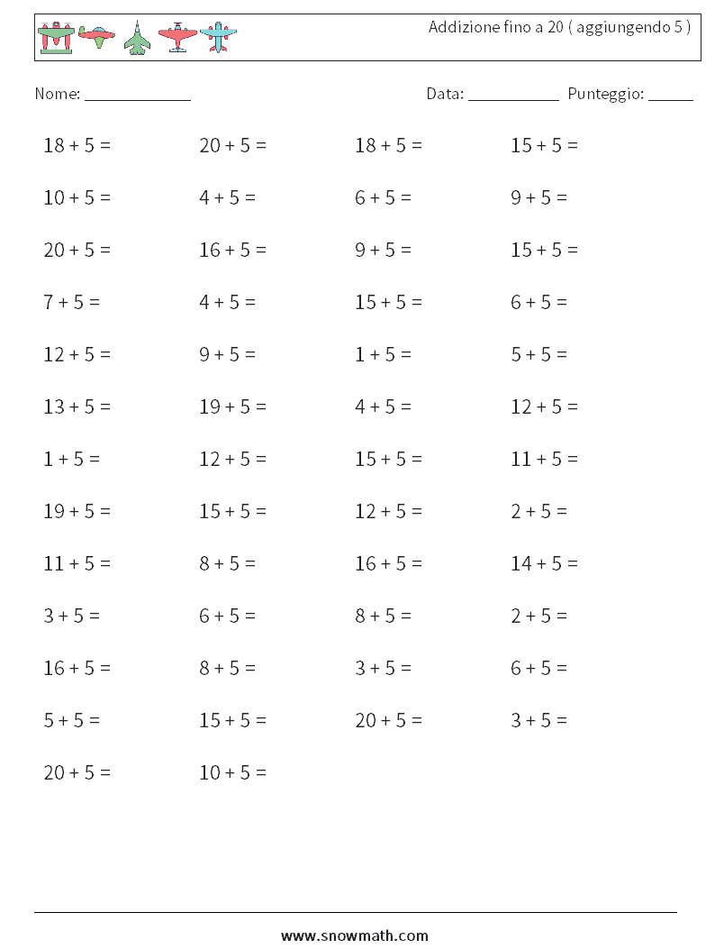 (50) Addizione fino a 20 ( aggiungendo 5 ) Fogli di lavoro di matematica 5