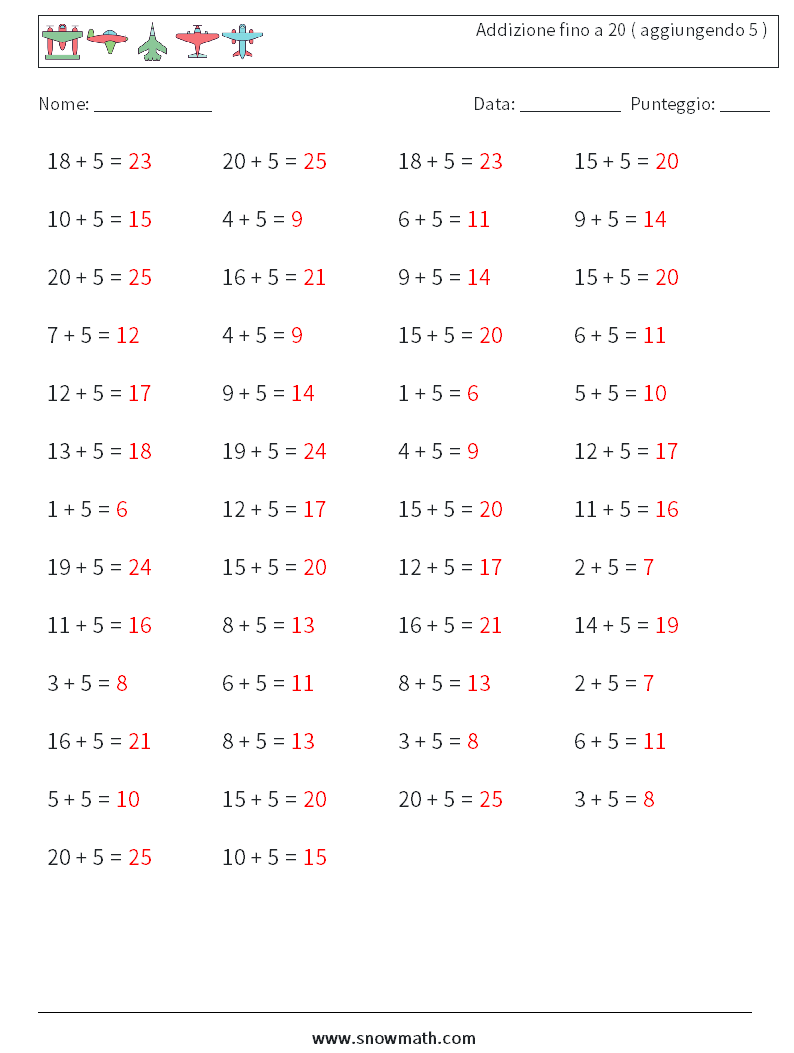 (50) Addizione fino a 20 ( aggiungendo 5 ) Fogli di lavoro di matematica 5 Domanda, Risposta
