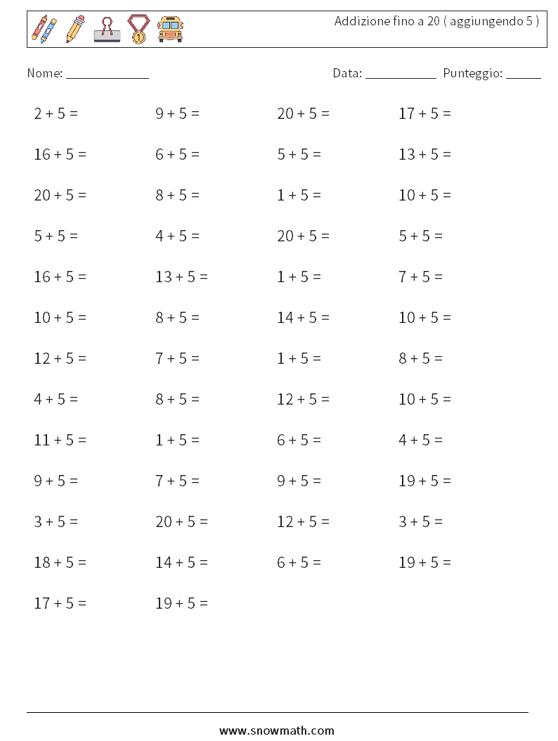 (50) Addizione fino a 20 ( aggiungendo 5 ) Fogli di lavoro di matematica 6