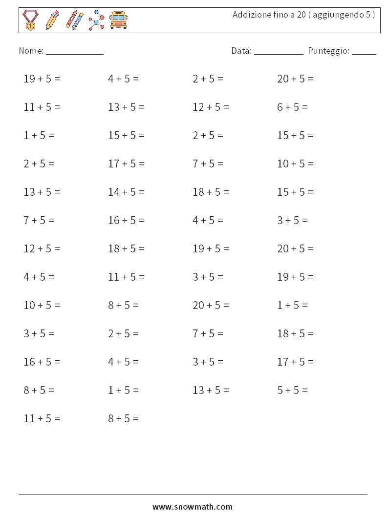 (50) Addizione fino a 20 ( aggiungendo 5 ) Fogli di lavoro di matematica 7