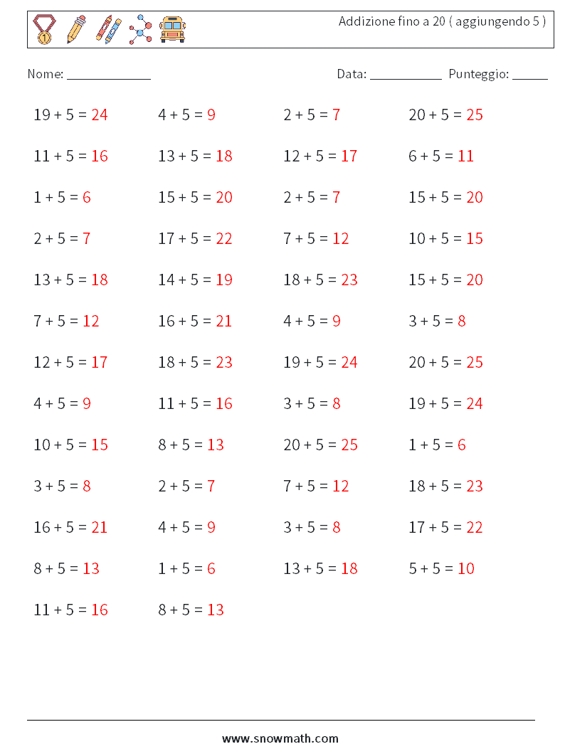 (50) Addizione fino a 20 ( aggiungendo 5 ) Fogli di lavoro di matematica 7 Domanda, Risposta