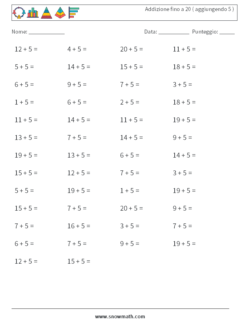 (50) Addizione fino a 20 ( aggiungendo 5 ) Fogli di lavoro di matematica 8