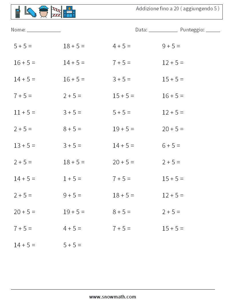 (50) Addizione fino a 20 ( aggiungendo 5 ) Fogli di lavoro di matematica 9