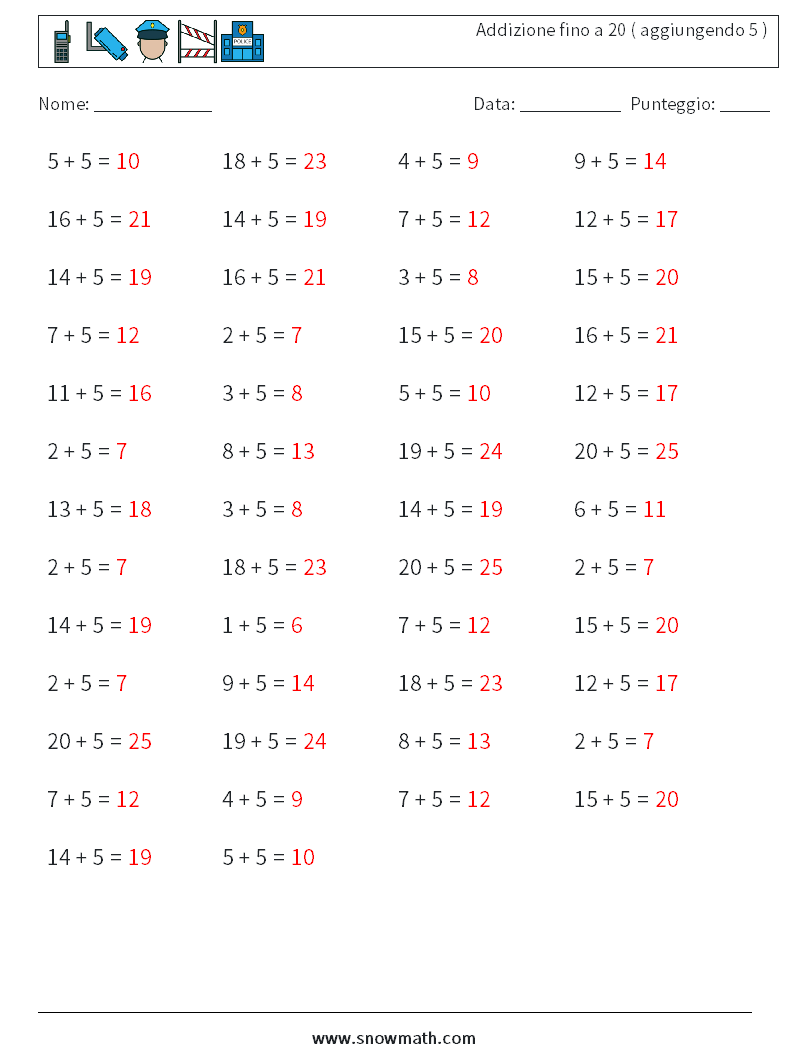 (50) Addizione fino a 20 ( aggiungendo 5 ) Fogli di lavoro di matematica 9 Domanda, Risposta