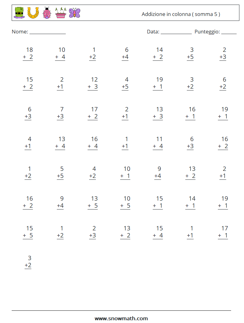 (50) Addizione in colonna ( somma 5 ) Fogli di lavoro di matematica 12