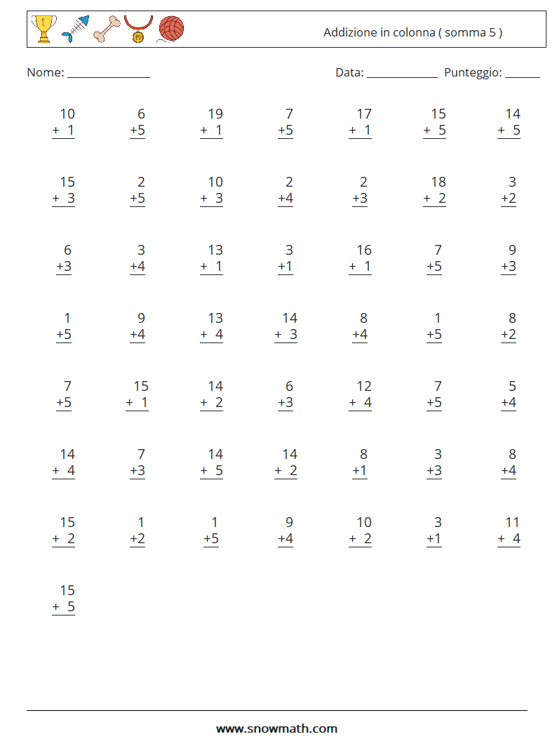 (50) Addizione in colonna ( somma 5 ) Fogli di lavoro di matematica 13