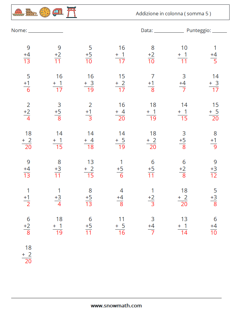 (50) Addizione in colonna ( somma 5 ) Fogli di lavoro di matematica 14 Domanda, Risposta