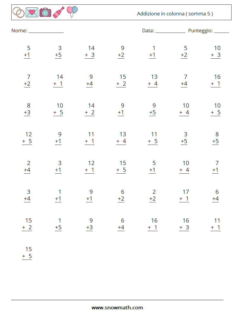 (50) Addizione in colonna ( somma 5 ) Fogli di lavoro di matematica 15