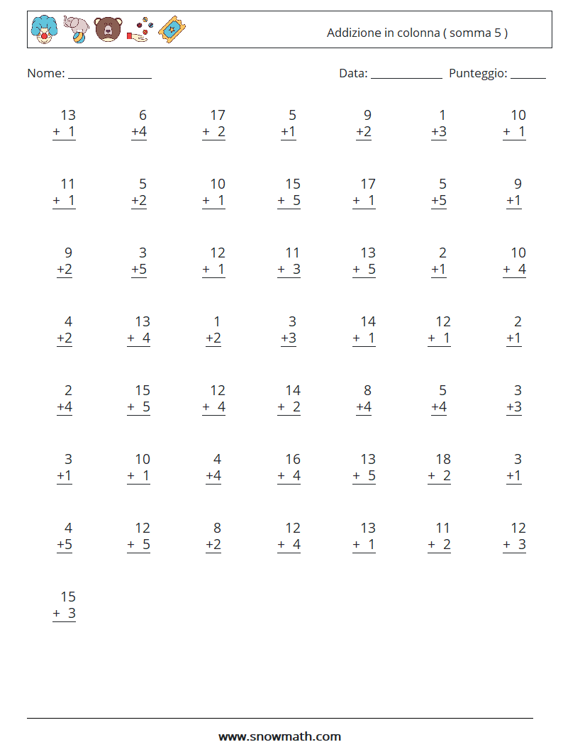 (50) Addizione in colonna ( somma 5 ) Fogli di lavoro di matematica 2