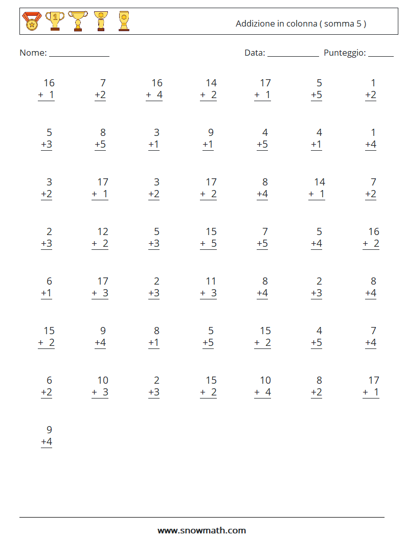 (50) Addizione in colonna ( somma 5 ) Fogli di lavoro di matematica 3