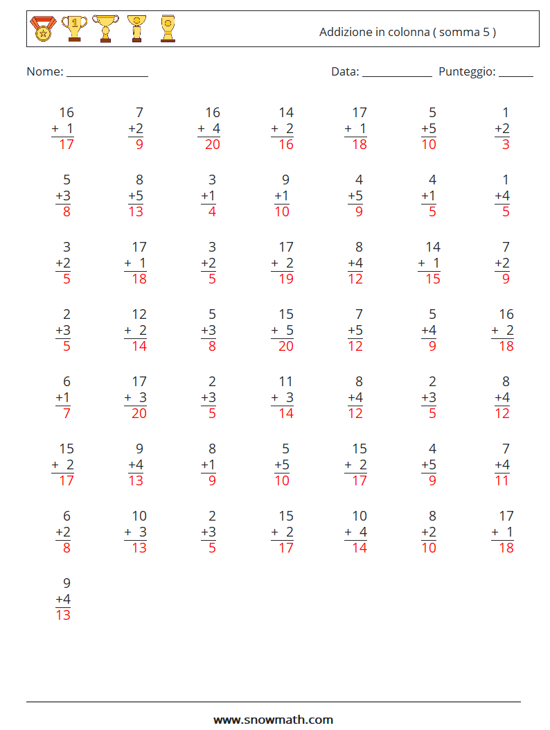 (50) Addizione in colonna ( somma 5 ) Fogli di lavoro di matematica 3 Domanda, Risposta