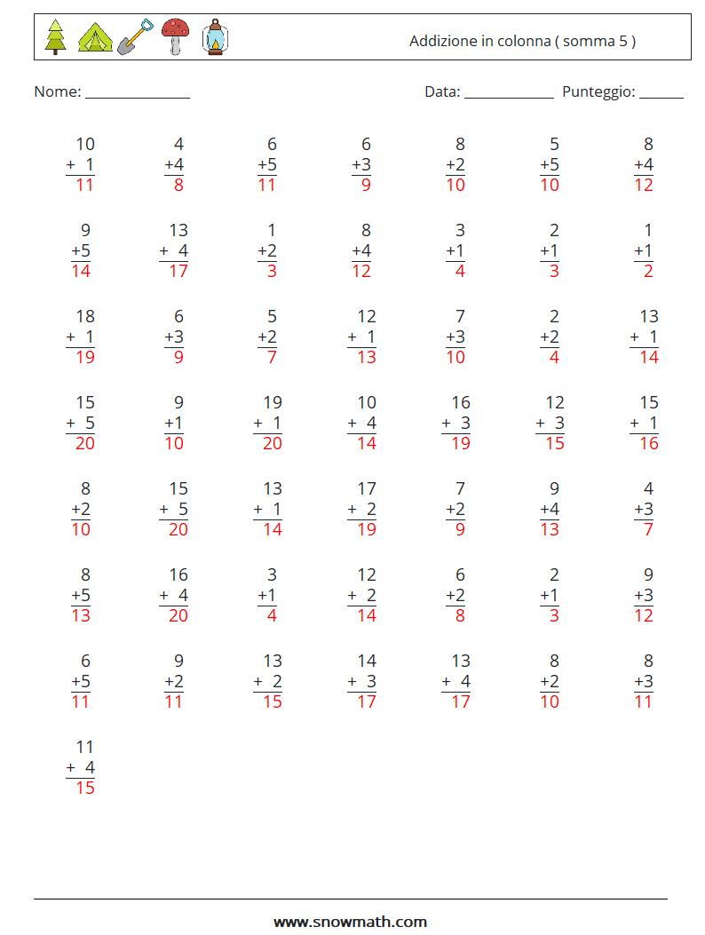 (50) Addizione in colonna ( somma 5 ) Fogli di lavoro di matematica 6 Domanda, Risposta