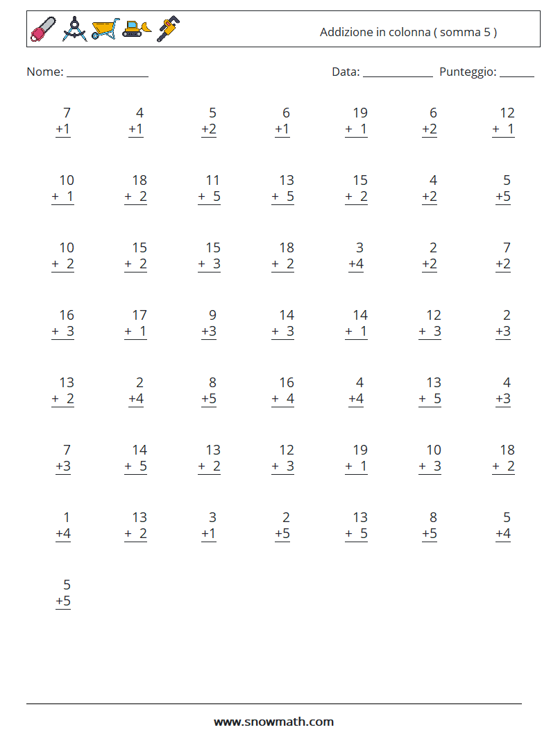 (50) Addizione in colonna ( somma 5 ) Fogli di lavoro di matematica 7