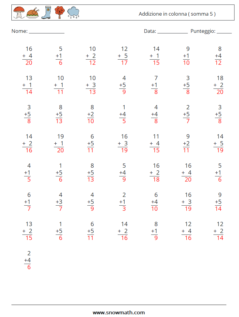 (50) Addizione in colonna ( somma 5 ) Fogli di lavoro di matematica 8 Domanda, Risposta