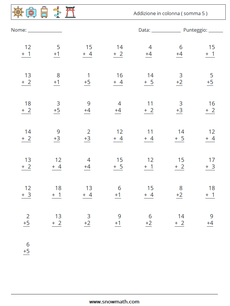 (50) Addizione in colonna ( somma 5 ) Fogli di lavoro di matematica 9