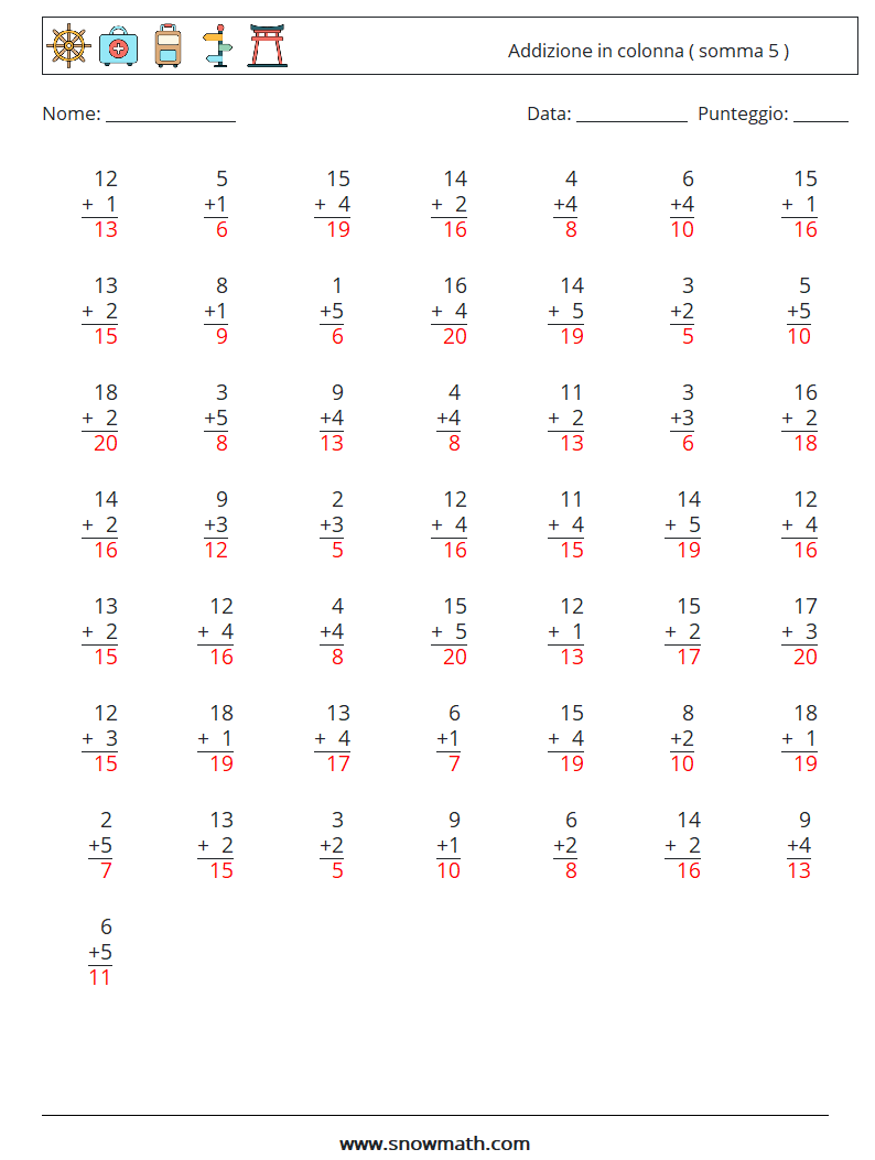 (50) Addizione in colonna ( somma 5 ) Fogli di lavoro di matematica 9 Domanda, Risposta