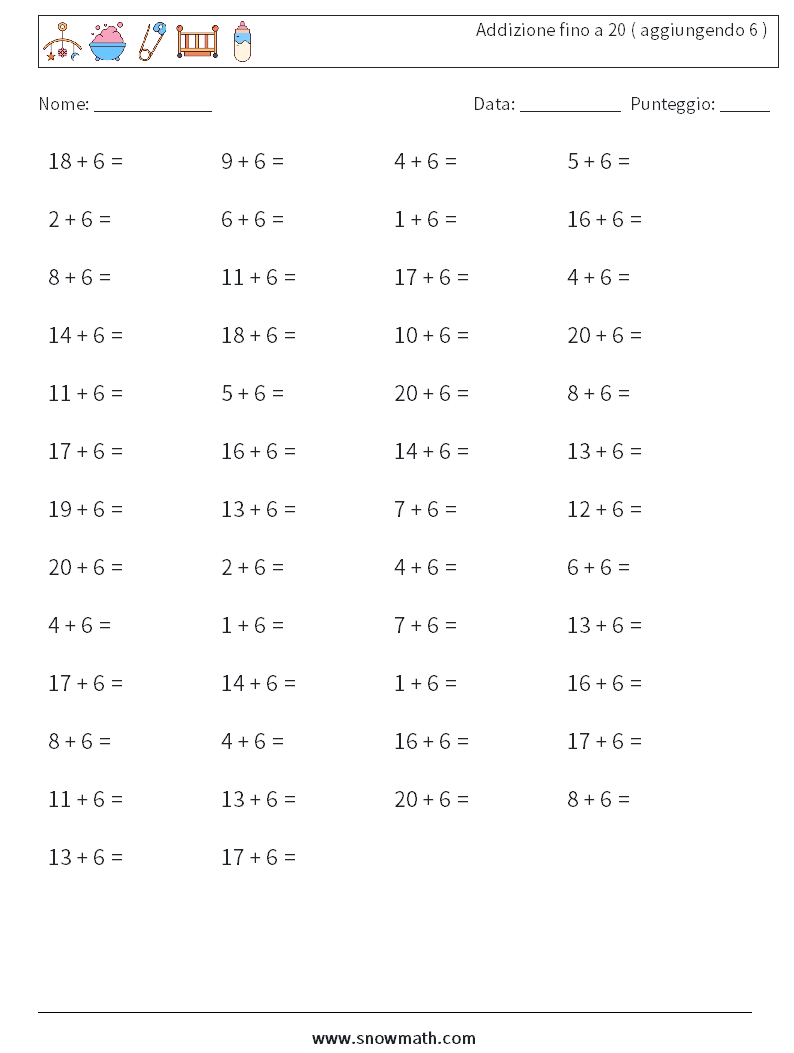 (50) Addizione fino a 20 ( aggiungendo 6 ) Fogli di lavoro di matematica 1