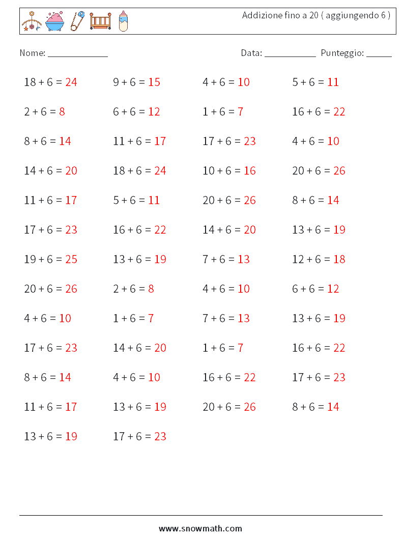 (50) Addizione fino a 20 ( aggiungendo 6 ) Fogli di lavoro di matematica 1 Domanda, Risposta