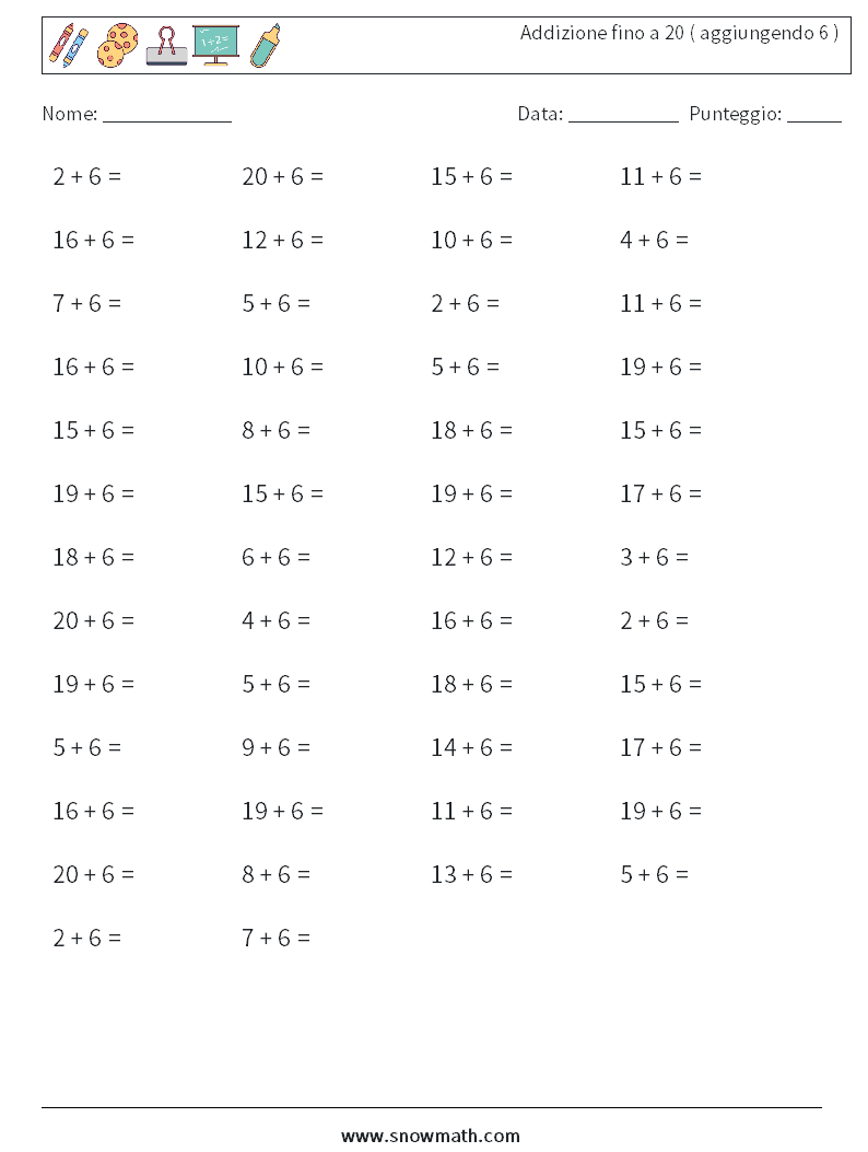 (50) Addizione fino a 20 ( aggiungendo 6 ) Fogli di lavoro di matematica 2