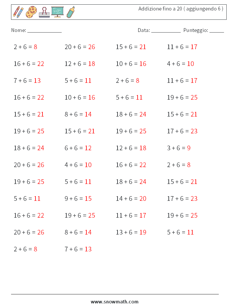 (50) Addizione fino a 20 ( aggiungendo 6 ) Fogli di lavoro di matematica 2 Domanda, Risposta